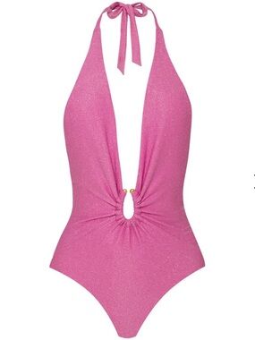 PQ Swim Sorbet Plunge 24K Gold One Piece Swimsuit Pink Medium NWT